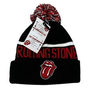 Rolling Stones Pom Beanie Classic Tongue Embroidered Logo Cuffed Knit Hat NWT